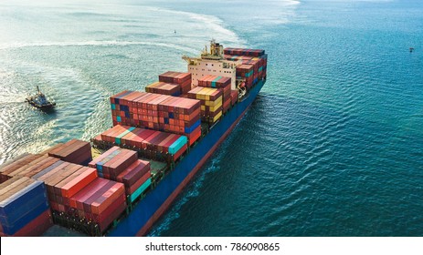 Container ship, Freight business import export logistic and transportation of International container cargo ship in the open sea, Aerial view maritime container freight shipping. 