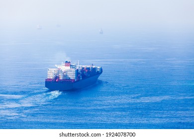 Container Ship Goes On Red Sea, Rear View. Saudi Arabia