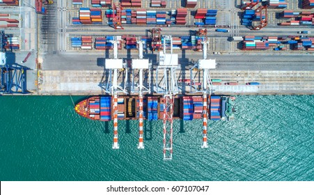 Container Ship In Import Export And Business Logistic.By Crane ,Trade Port , Shipping, Cargo To Harbor, Aerial View, Top View.