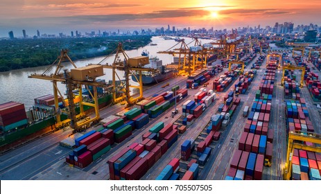 Container ship in import export and business logistic, By crane, Trade Port, Shipping cargo to harbor, Aerial view from drone, International transportation, Business logistics concept - Shutterstock ID 705507505