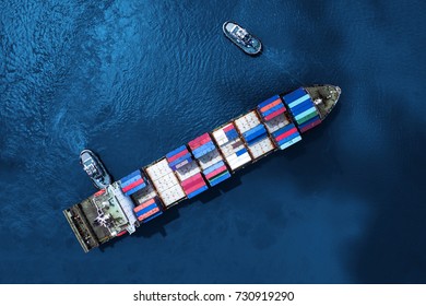 Container Ship In Import Export And Business Logistic, By Crane, Trade Port, Shipping Cargo To Harbor, International Transportation, Business Logistics Concept, Aerial View From Drone.