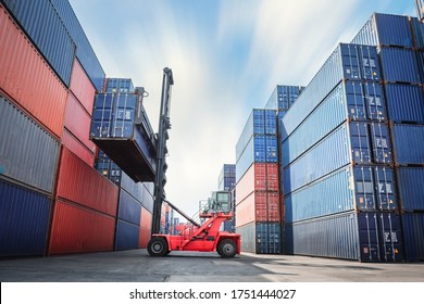 Container Ship Loading of Import/Export Freight Transportation Industry, Transport Crane Forklift is Lifting Box Containers at Port Cargo Shipping Dock Yard. Logistic Freighting Ship Service 