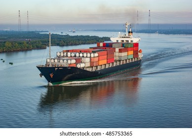 Container Ship With Many Containers In Vietnam Harbour