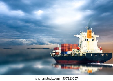 Container Ship In Ocean On Storm Sky / Selective Focus.