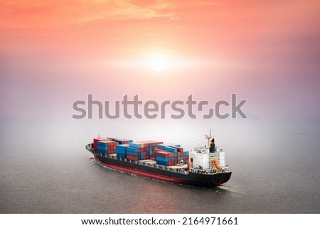 Container ship in the ocean at sunset sky background with copy space, Global business logistics import export goods of freight carrier, cargo transportation industry concept, Sea Freight Shipping
