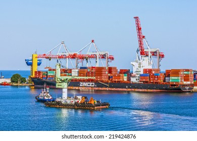 Container ship in Odessa sea commercial port, Ukraine.