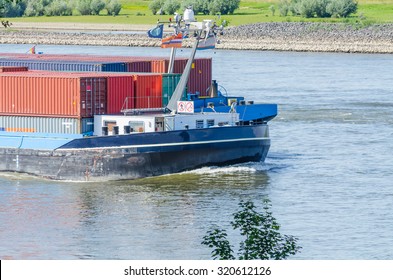 A container ship on the Rhine at sea bush, it is designed for use on inland waters and inland waterways.