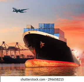 Container Ship In Port And Cargo Plane Flying Above