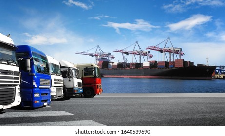 Container ship in the port on the sea and couple of trucks - Shutterstock ID 1640539690