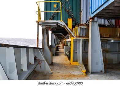 Container Ship 's Deck. Part Of The Vessel Close-up.