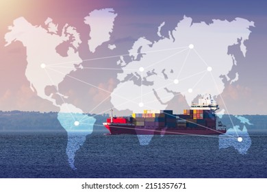 Container ship at sea. Maritime cargo logistics. Ferry is filled with colorful containers. Continents symbolize international logistics. International supply chains. Transportation of cargo on ship