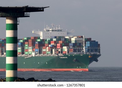 The Container Ship Theseus Reaches The Port Of Rotterdam On 1 December 2017.