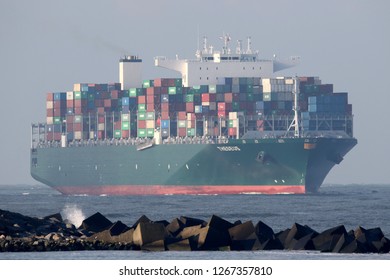 The Container Ship Theseus Reaches The Port Of Rotterdam On 1 December 2017.