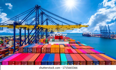 Container ship unloading in deep sea port, Global business logistic import export freight shipping transportation oversea worldwide by container ship open sea, Container vessel loading cargo freight.