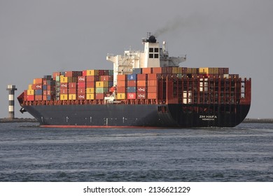 The container ship ZIM Haifa is leaving the port of Rotterdam on January 30, 2022.