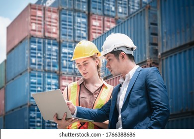 Container Shipping Logistics Engineering of Import/Export Transportation Industry, Transport Engineers Teamwork Controlling Management Containers Box on Laptop at Port Ship Loading Dock. Business Team