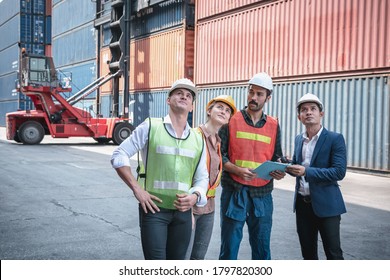 Container Shipping Logistics Engineering of Import/Export Transportation Industry, Transport Engineers Group Teamwork Controlling Management Containers Box at Port Ship Loading Dock. Business Team