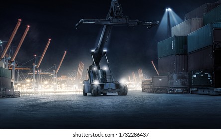 Container Stacker In The Port At Night