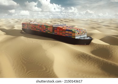 Container tanker in the desert, stuck in the sands. international transportation is difficult, container crisis. Problems, stop logistics, stop moving, collapse of the economy, stop trading