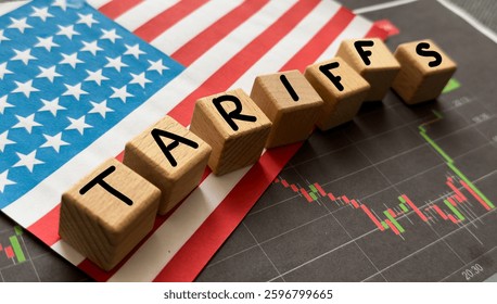 Container tariffs word on Flag of the United States of America background. Tariff US trade war with Canada and Mexico.