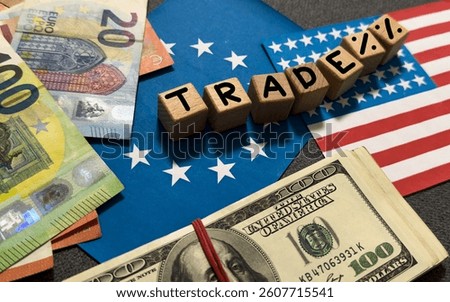 Container tariffs word on Flag of the United States of America background. Tariff US trade war with Canada and Mexico.