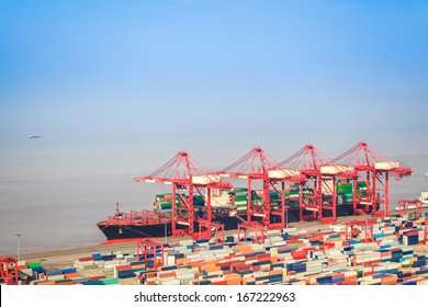 Container Terminal With Foreign Trade ,a Shipping And Port Machinery Background 