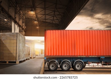 Container Trailer Trucks Parked Loading at Dock Warehouse. Delivery Truck. Package Boxes Shipment. Distribution Warehouse. Supply Chain. Freight Trucks Logistics Cargo Transport	
