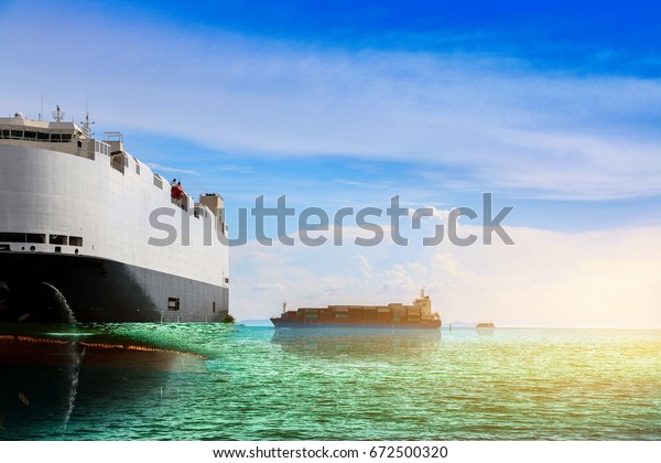 container transporter,\
Auto car carrier ship, designed for transportation of cars under\
blue sky background
