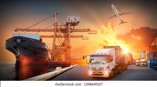 Container truck in ship port for business Logistics and transportation of Container Cargo ship and Cargo plane with working crane bridge in shipyard, logistic import export and transportation concept