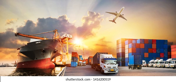 Container truck in ship port for business Logistics and transportation of Container Cargo ship and Cargo plane with working crane bridge in shipyard, logistic import export and transport industry 