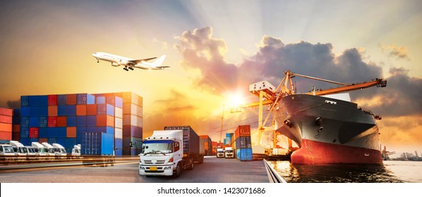 Container truck in ship port for business Logistics and transportation of Container Cargo ship and Cargo plane with working crane bridge in shipyard, logistic import export and transport industry