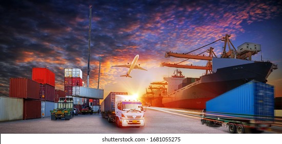 Container truck in ship port for business Logistics and transportation of Container Cargo ship and Cargo plane with working crane bridge in shipyard, logistic import export  and transport concept