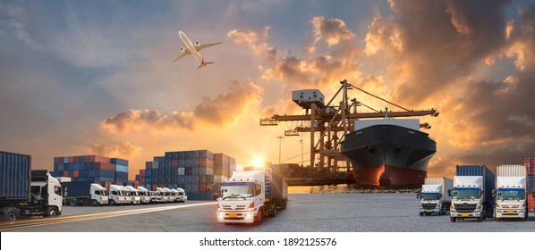 Container truck in ship port for business Logistics and transportation of Container Cargo ship and Cargo plane with working crane bridge in shipyard at sunrise, logistic import export concept