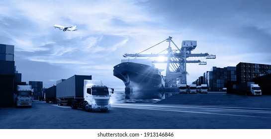 Container truck in ship port for business Logistics and transportation of Container Cargo ship and Cargo plane with working crane bridge in shipyard, logistic import export and transport concept