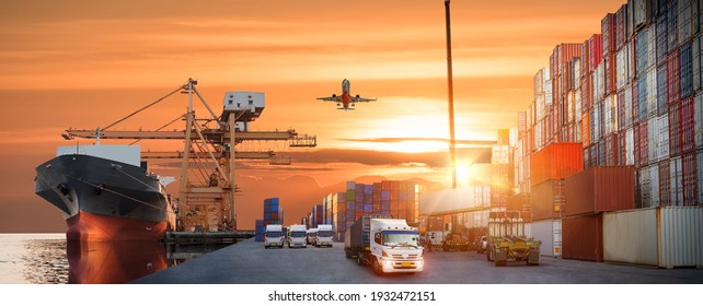 Container Truck In Ship Port For Business Logistics And Transportation Of Container Cargo Ship And Cargo Plane With Working Crane Bridge In Shipyard At Sunrise, Logistic Import Export Concept