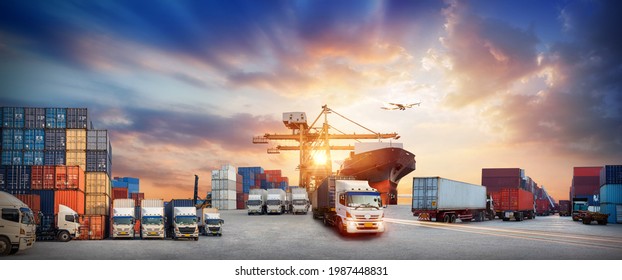 Container truck in ship port for business Logistics and transportation of Container Cargo ship and Cargo plane, logistic import export and transport concept - Shutterstock ID 1987448831
