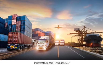 Container truck in ship port for business Logistics and transportation of Container Cargo ship and Cargo plane, logistic import export and transport concept - Shutterstock ID 2135090537