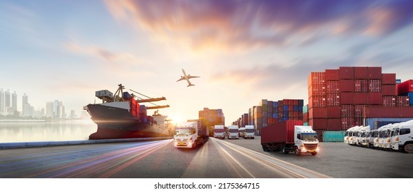 Container truck in ship port for business Logistics and transportation of Container Cargo ship and Cargo plane with working crane bridge in shipyard at sunrise, logistic import export and transport  - Shutterstock ID 2175364715