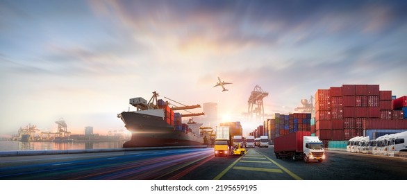 Container truck in ship port for business Logistics   transportation Container Cargo ship   Cargo plane and working crane bridge in shipyard at sunrise  logistic import export   transport
