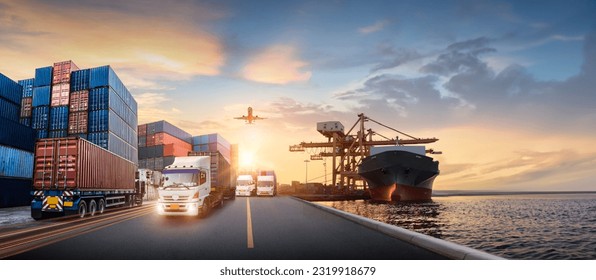 Container truck in ship port for business Logistics and transportation of Container Cargo ship and Cargo plane, logistic import export and transport concept - Powered by Shutterstock