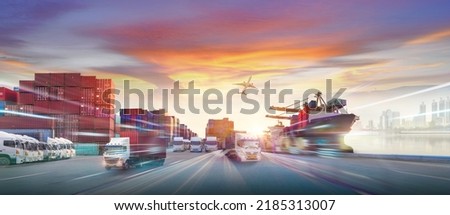 Container truck in ship port for business Logistics and transportation of Container Cargo ship and Cargo plane with working crane bridge in shipyard at sunrise, logistic import export and transport