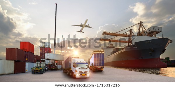 Container truck in ship port for business Logistics and\
transportation of Container Cargo ship and Cargo plane with working\
crane bridge in shipyard at sunrise, logistic import export and\
transport 