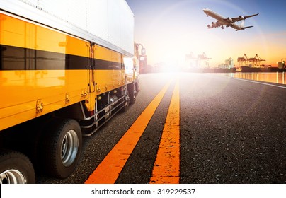 Container Truck In Shipping Port And Cargo Plane Flying For Logistic And Transport Business