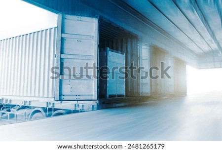 Container Trucks Loading Dock Warehouse. Container Shipping. Distribution Warehouse Shipping. Shipment. Freight Truck Logistics, Cargo Transport.	
