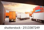 Container Trucks on The Parking Lot at Warehouse Port. Trucks Loading Dock Warehouse. Distribution Warehouse Center. Containers Shipping. Freight Truck Logistics, Cargo Transportation.