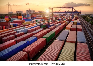 Container Vagoons In Export And Import Business And Logistics. Aerial View