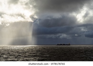 Container Vessel At Rainy Weather At Recalada Pilot Station