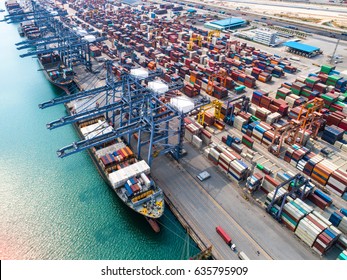 Container Vessel Ship Stay In Port Loading And Discharging Transferring Shipment Of Containers Operation 