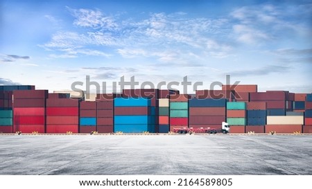 Container Yard on blue sky background and floor ground with copy space, Global Business Logistics import export goods of freight carrier, industrial port, cargo transportation industry concept