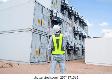 Container yard worker checking container at container yard warehouse.